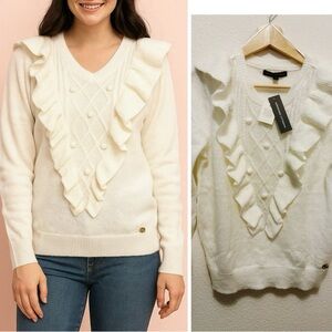 Adrienne Vittadini Cream V-Neck Sweater w/ Ruffles Medium
